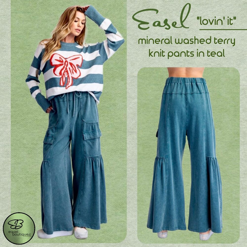 EASEL “Lovin’ It” Mineral Washed Pants Relax Fit Wide Leg Pockets Pleated Detail